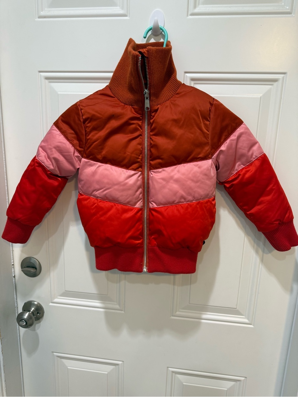 Molo Colorblock Puffer Jacket in Rust, Pink & Red